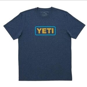 YETI Men's Navy and Gold Logo Tee